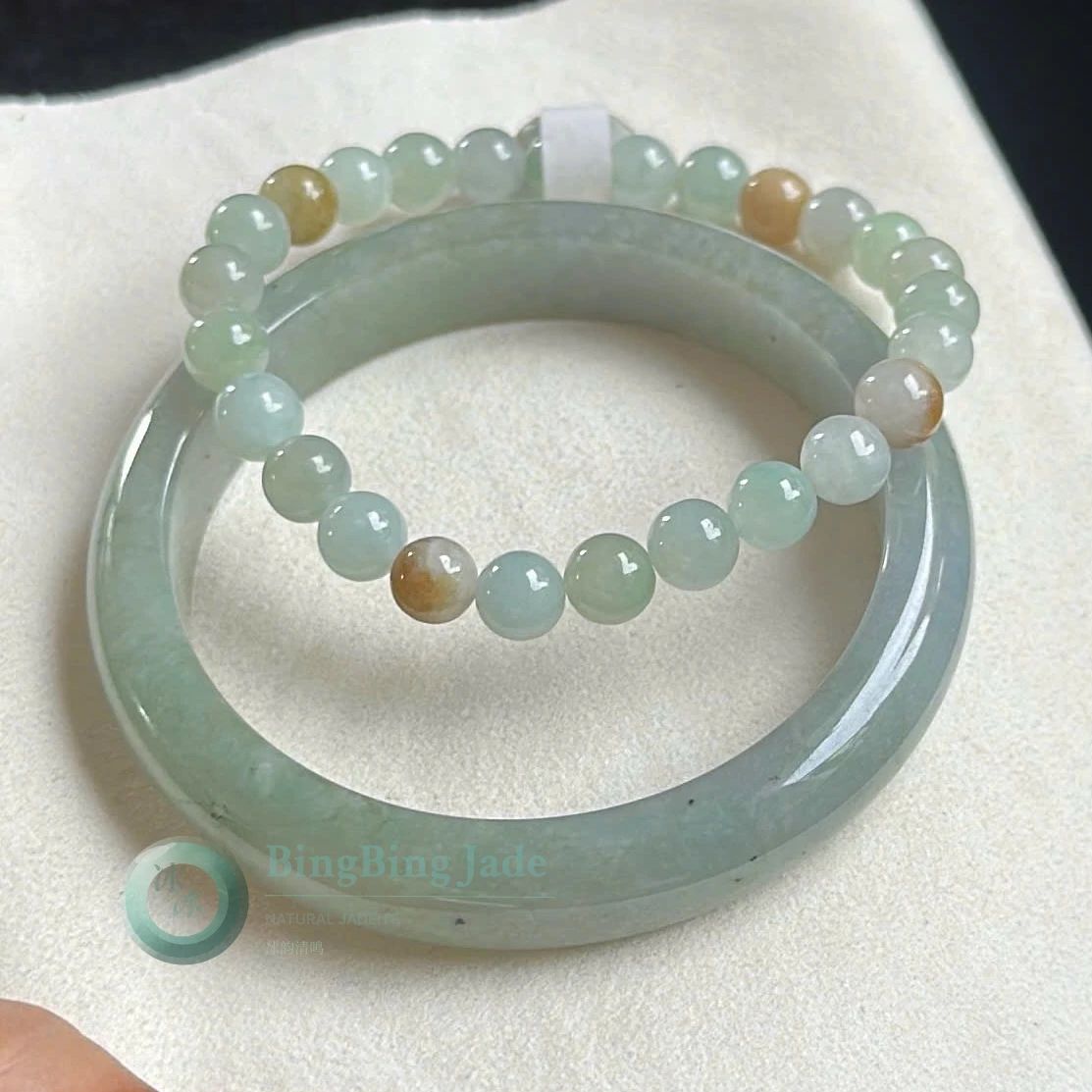 Gentle Celadon Mist Jadeite Bangle 56mm with Matching Bead Strand