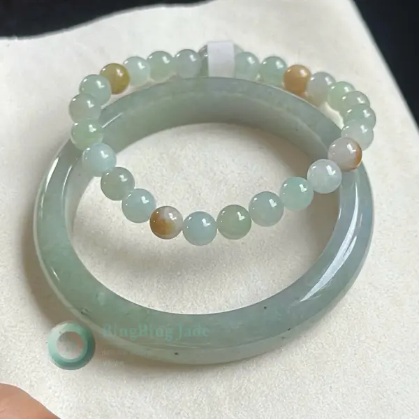 Gentle Celadon Mist Jadeite Bangle 56mm with Matching Bead Strand