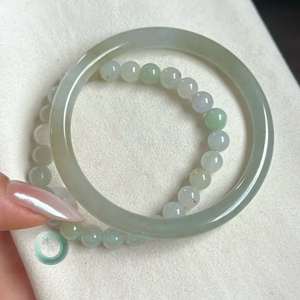 Soft Celadon Mist Jadeite Bangle 56mm with Matching Bead Bracelet