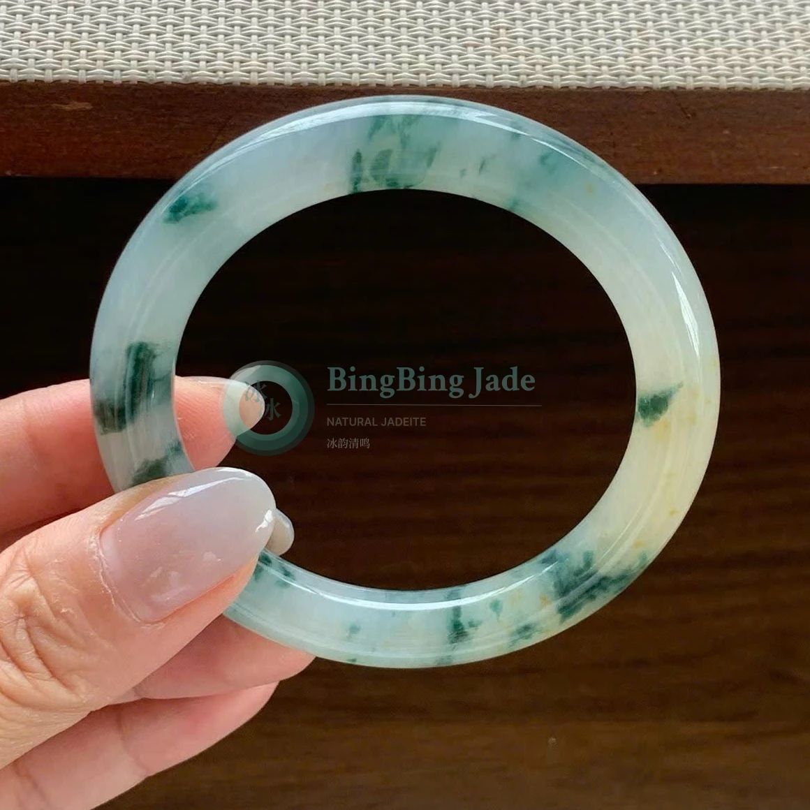 Pale Celadon with Deep Moss Blooms — Round Bangle 54mm