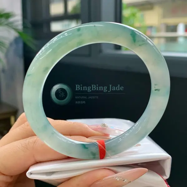 Celadon Round Bangle with Scattered Emerald Wisps 54.7mm
