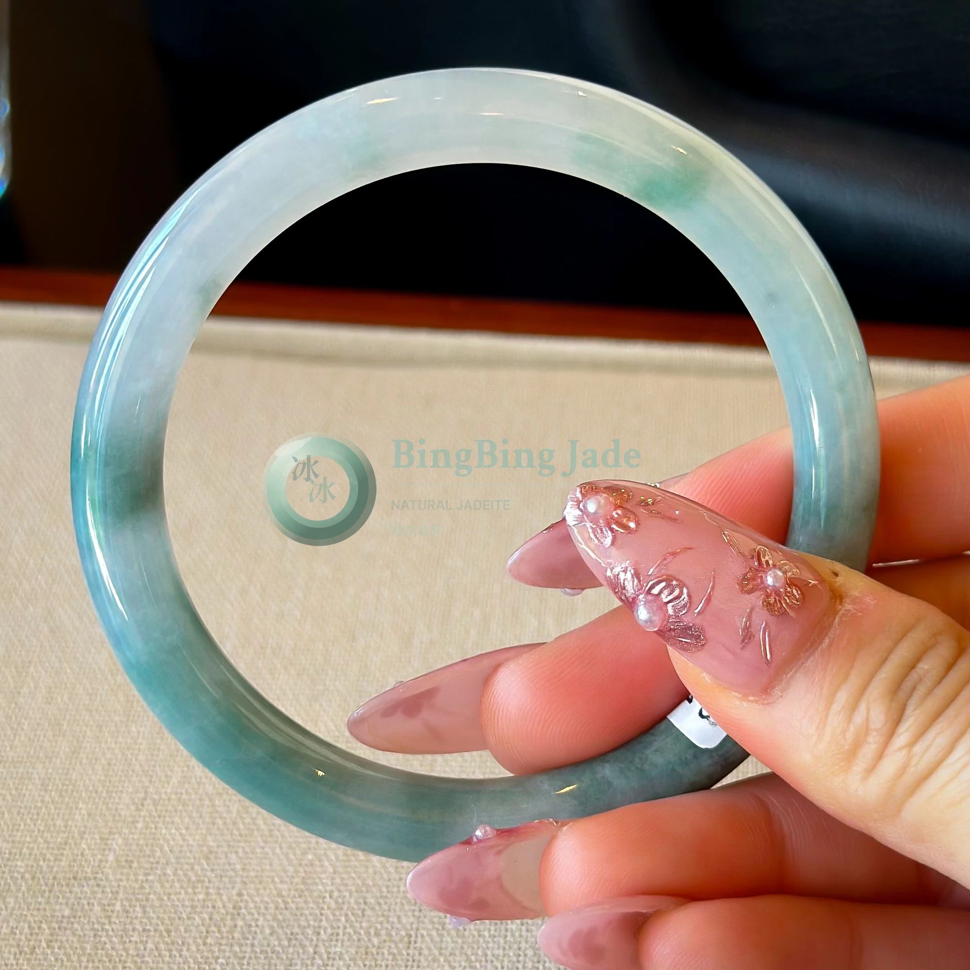 Half-Mountain Half-Water Jadeite Bangle 57.3mm — Seafoam Drift with Glacial Translucency