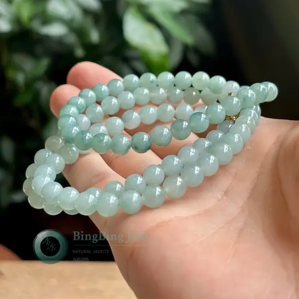 Celadon Floating Bloom Jadeite Bead Necklace — 85 Beads, 7.5mm