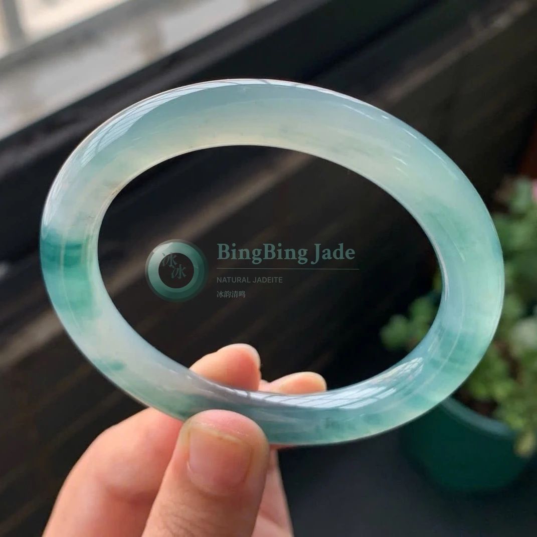 Icy Celadon with Floating Emerald Clouds — Jadeite Bangle 53mm