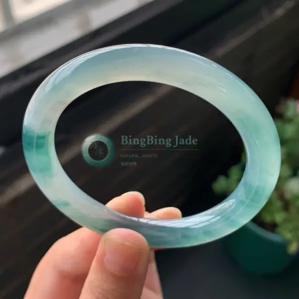 Icy Celadon with Floating Emerald Clouds — Jadeite Bangle 53mm
