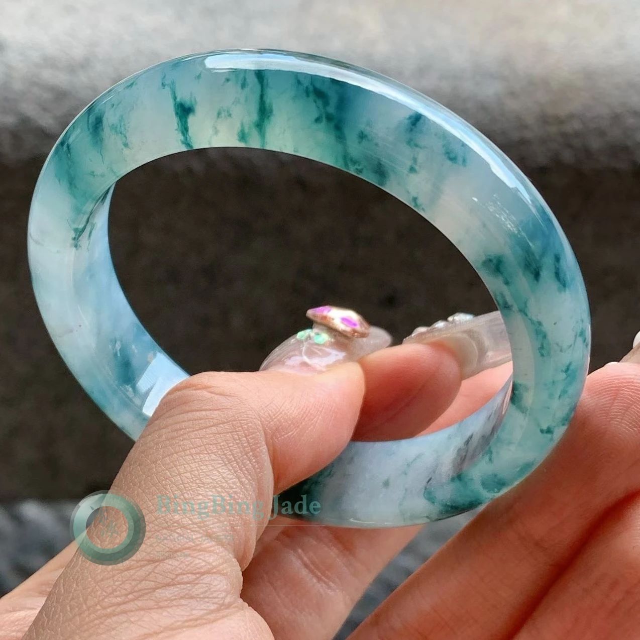 Icy Blue Landscape Bangle 54mm — Floating Teal Ink on Glass