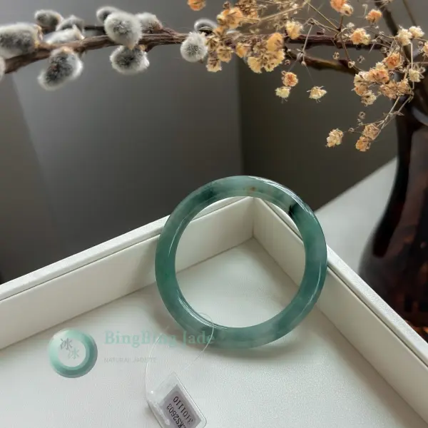 Mossy Seafoam with Ink Wisps and Koi Spot — Jadeite Bangle