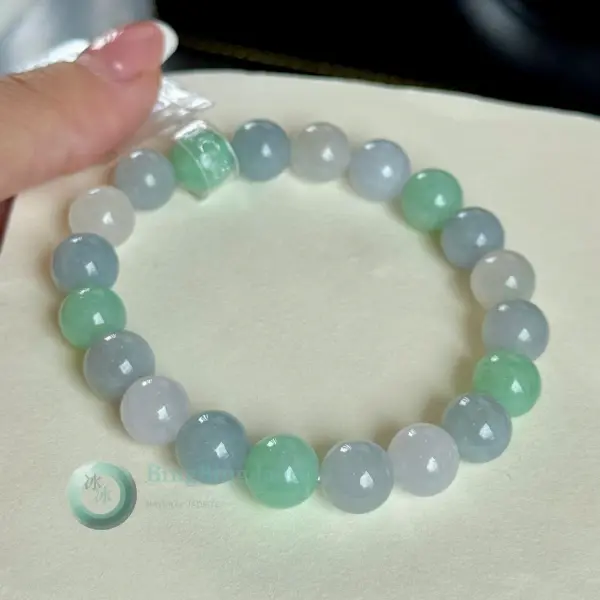 Spring Mist Multicolor Jadeite Bead Bracelet — Lavender, Celadon & Soft Green 9.7mm