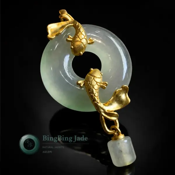 Icy Luminous Ping An Kou Pendant with Twin Koi in 18k Gold