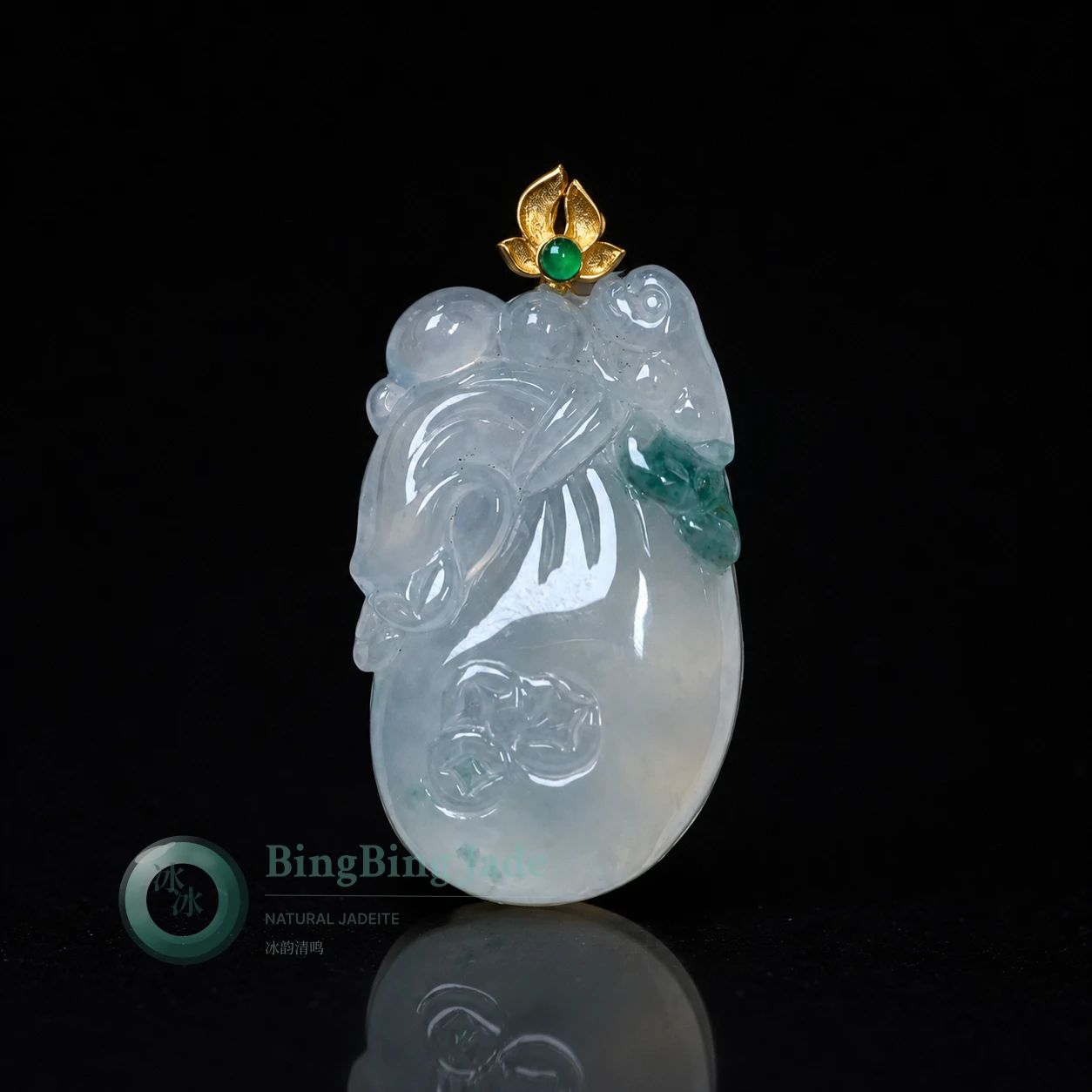 Carved Jadeite Fortune Pouch Pendant with 18K Gold Lotus Bail