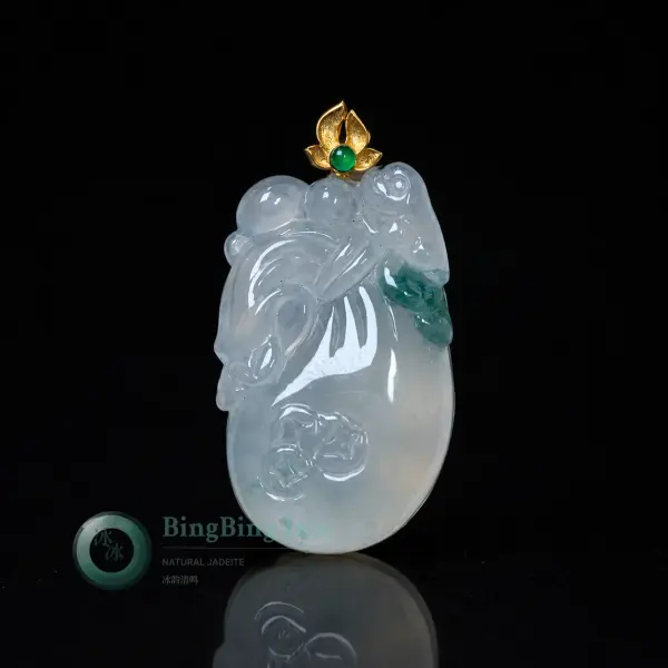Carved Jadeite Fortune Pouch Pendant with 18K Gold Lotus Bail