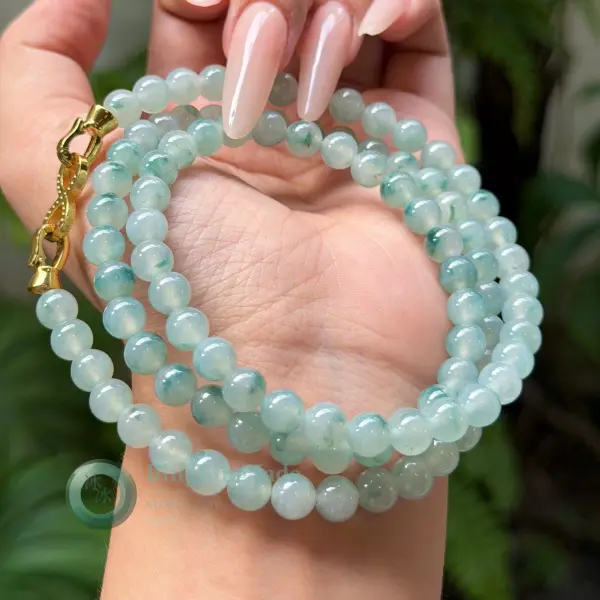 Icy Blue-Green Floating Flower Jadeite Bead Necklace — Glacial Glow