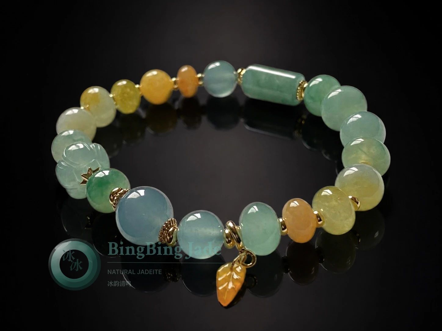 Tangerine Sea — Multi-Color Jadeite Beaded Bracelet with Lotus & Barrel Accents