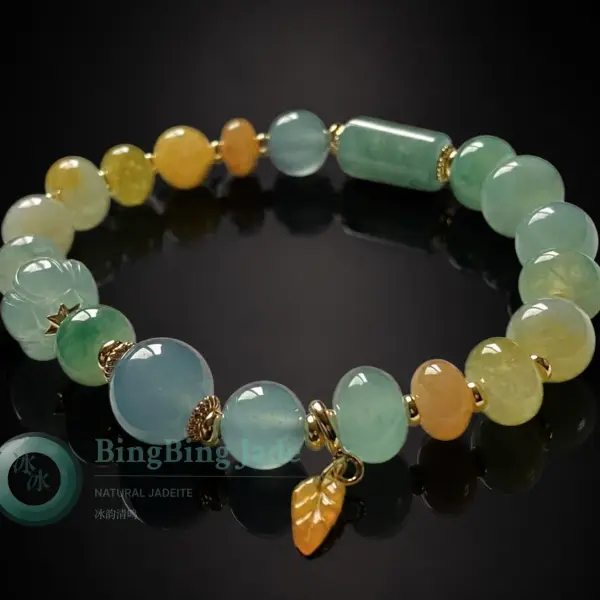 Tangerine Sea — Multi-Color Jadeite Beaded Bracelet with Lotus & Barrel Accents