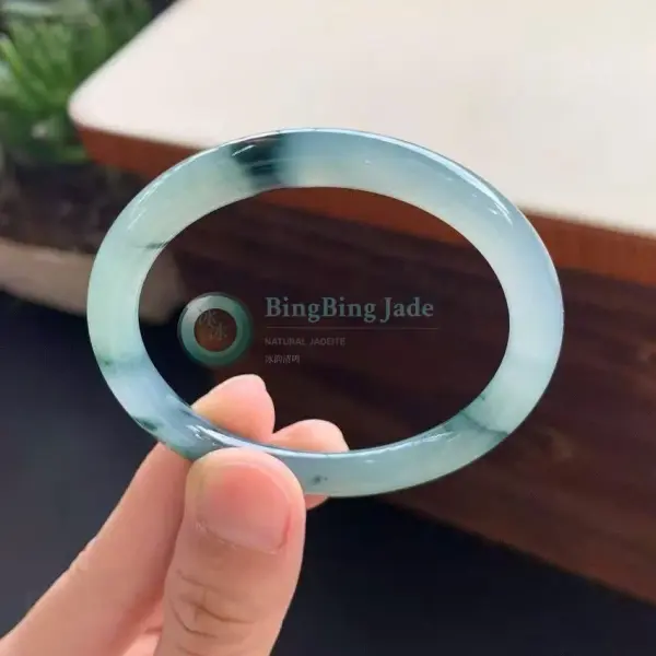 Icy Blue-Green Floating Moss Jadeite Bangle