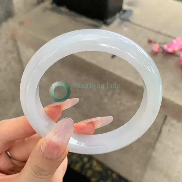 Milky Snowdrop Jadeite Bangle 58.8mm — Porcelain Glow with Silk Veining
