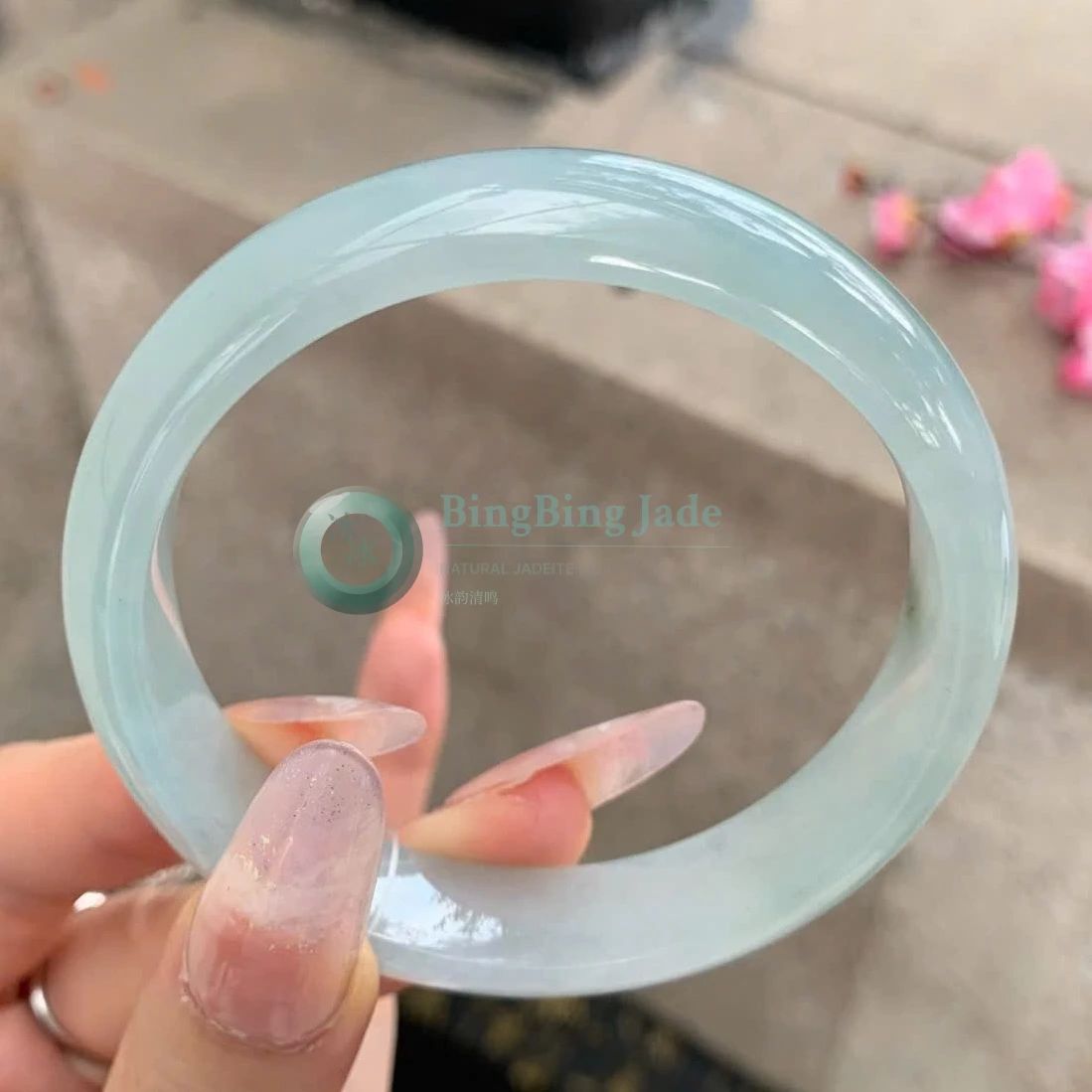 Icy Glutinous Pale Aqua Jelly Bangle 56.8mm — Soft Glow, Quiet Depth