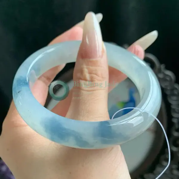 Icy Sky Blue Floating Cloud Jadeite Bangle 53mm