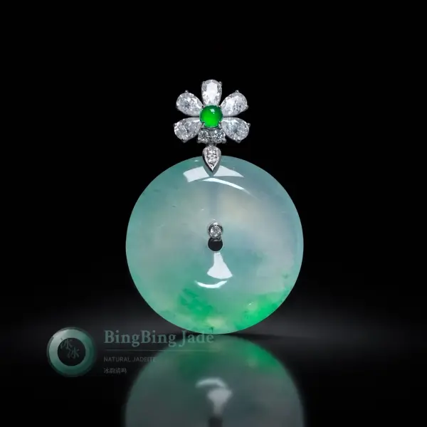 Icy Celadon Ping An Kou Pendant with Emerald Drift in 18K Gold Setting