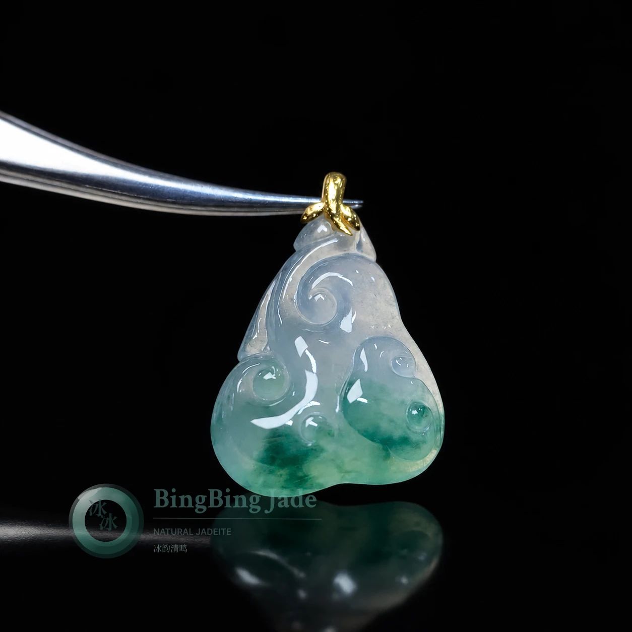 Icy-to-Emerald Ruyi Cloud Jadeite Pendant with 18K Gold Bail