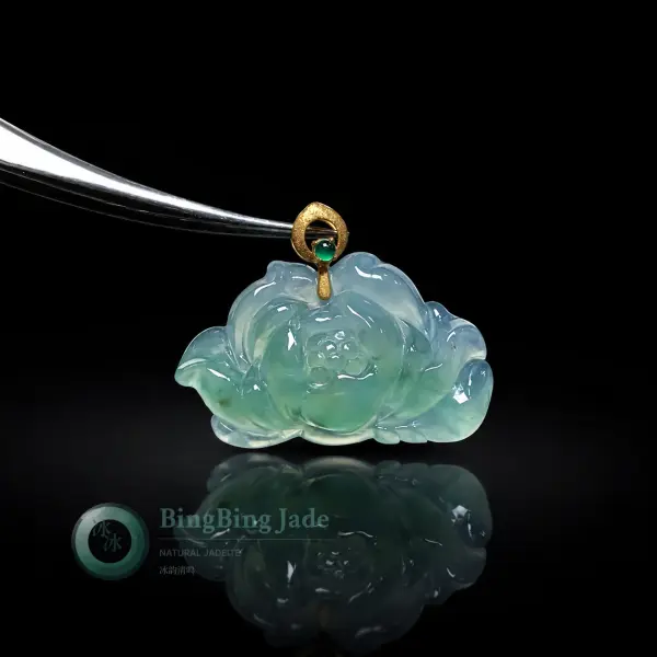 Icy Seafoam Lotus Bloom Jadeite Pendant with 18K Gold Bail