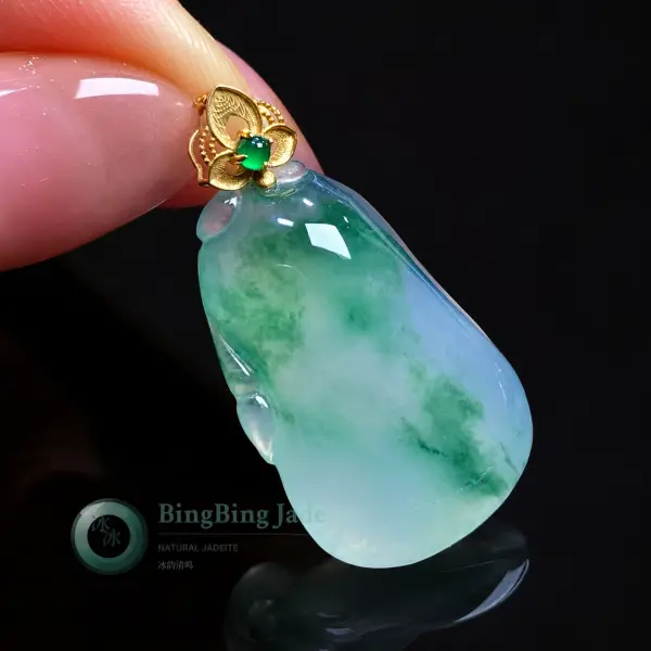 Icy Celadon Gourd Pendant with Floating Emerald Wisps