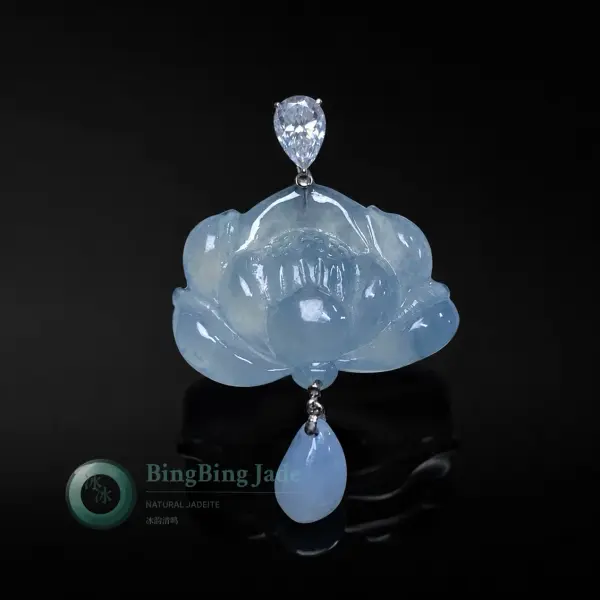 Icy Lotus Bloom Pendant with Teardrop Dangle in 18K Gold Bail