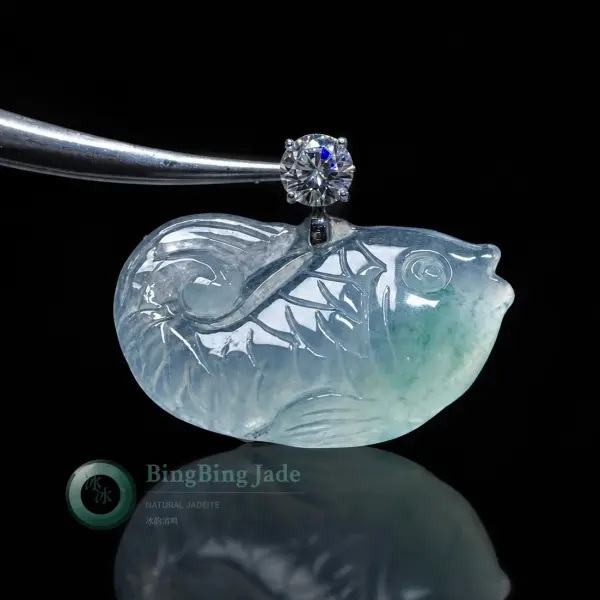 Icy Translucent Fish Pendant with Floating Green — 18K White Gold Setting