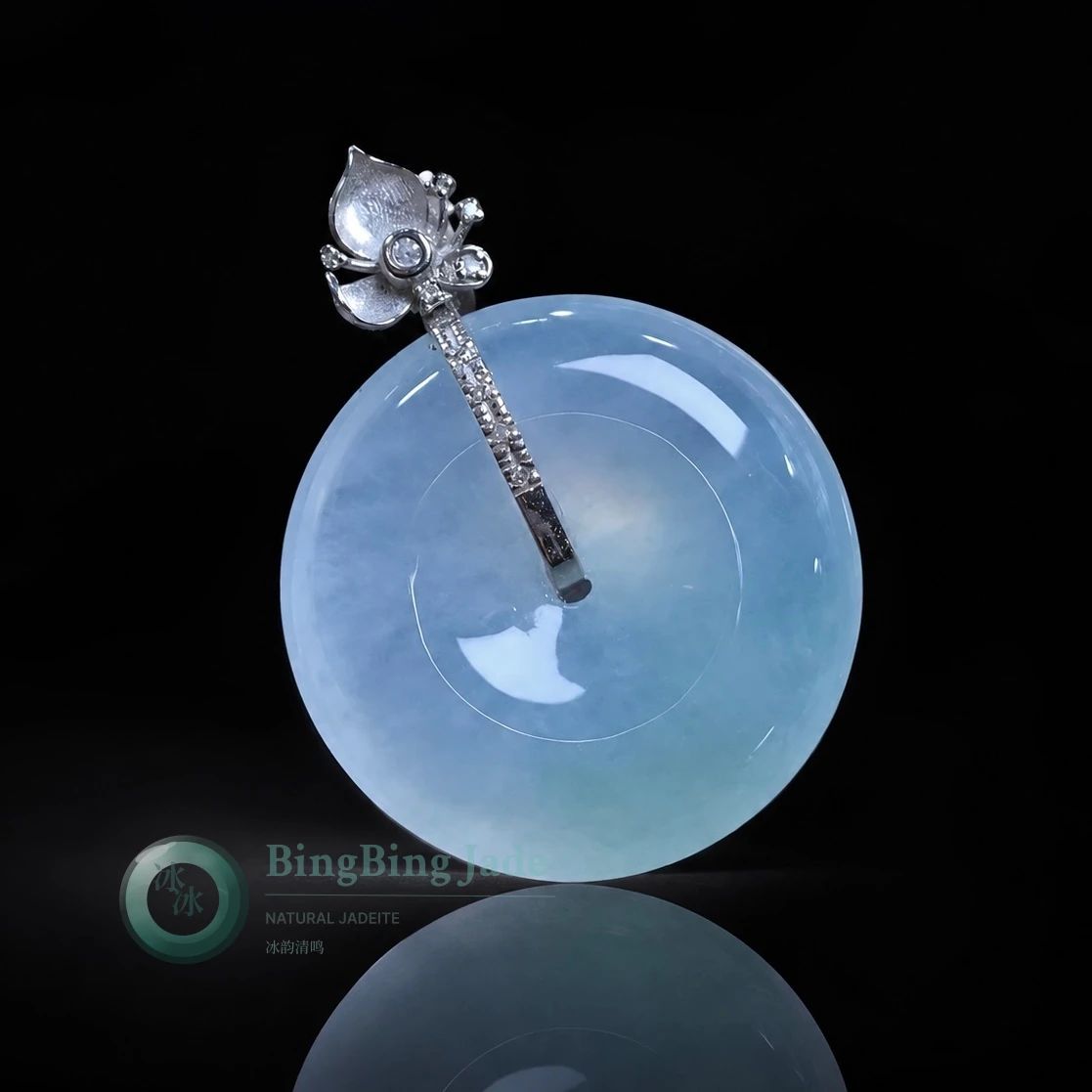 Icy Aqua Jadeite Ping An Kou Pendant 19mm with 18K Gold Bail