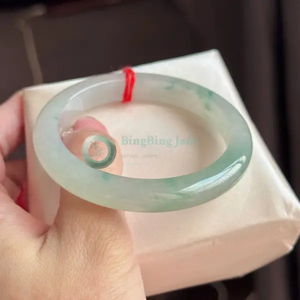 Floating Blossom Jadeite Bangle 53.7mm — Soft Mint with Drifting Green Wisps