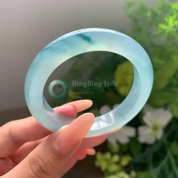 Icy Aqua Jelly Bangle with Drifting Blue-Green Veils 52mm