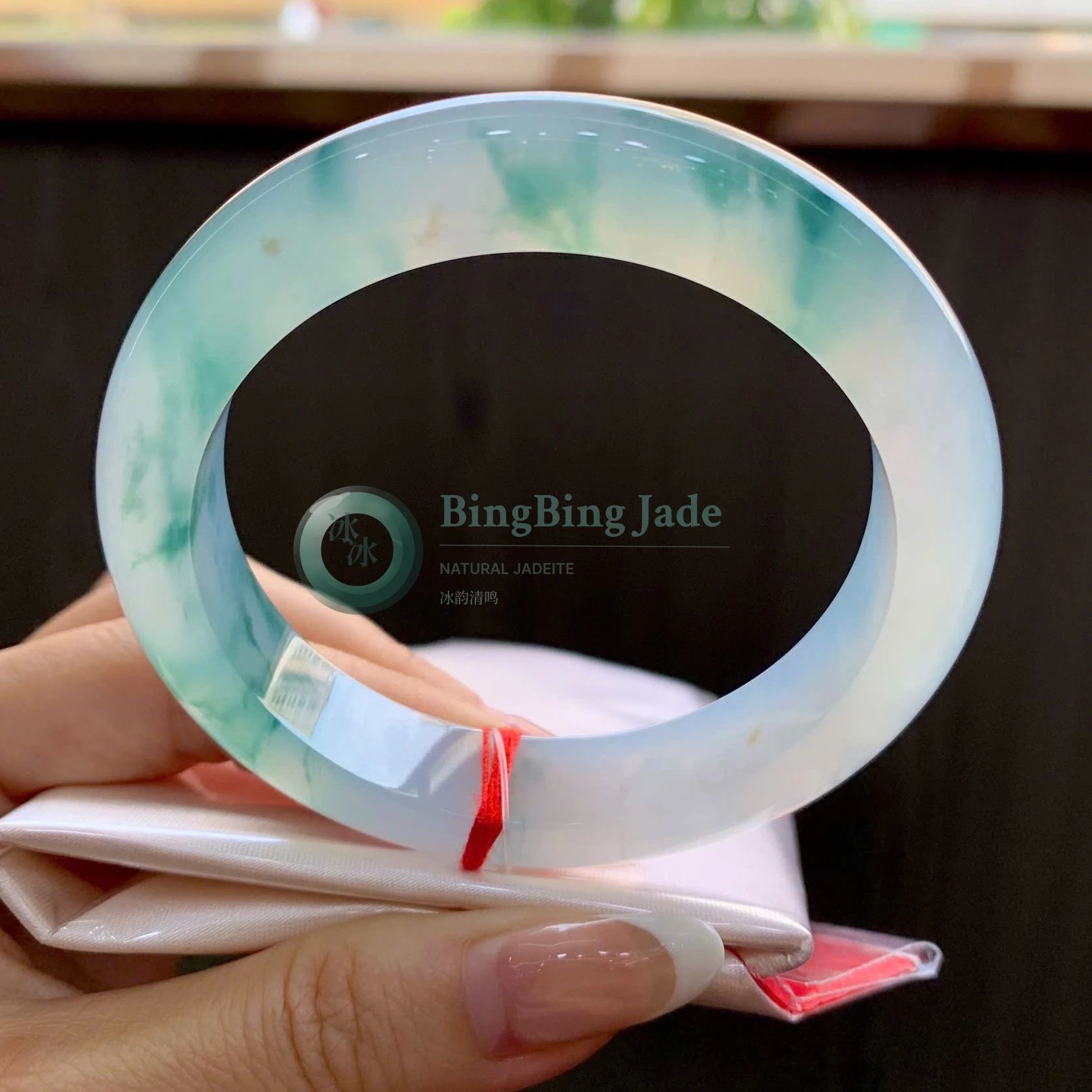 Icy Aqua Float — Translucent Jadeite Bangle 55.5mm