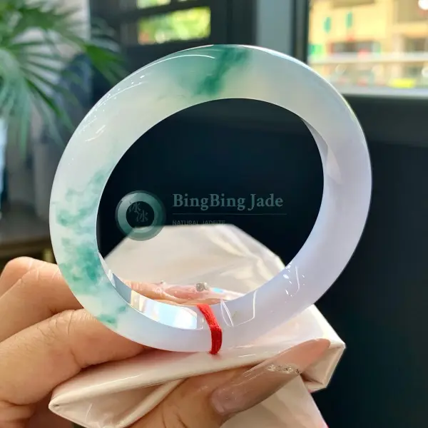 Lavender Mist with Floating Emerald Patches — Jadeite Bangle 57mm