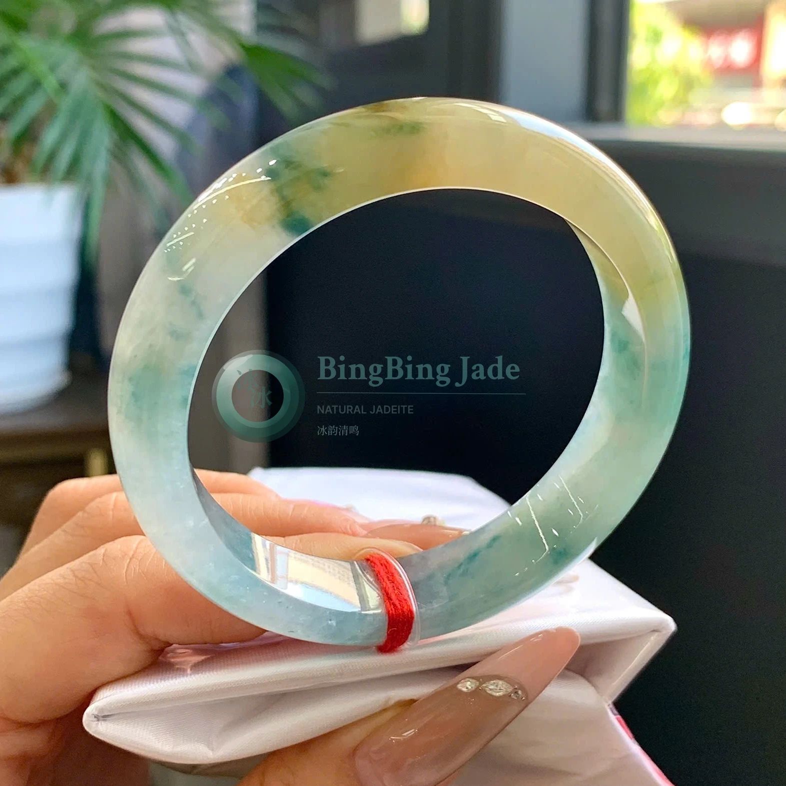 Spring Meadow Jadeite Bangle 53mm — Floating Blue-Green over Honey Glow