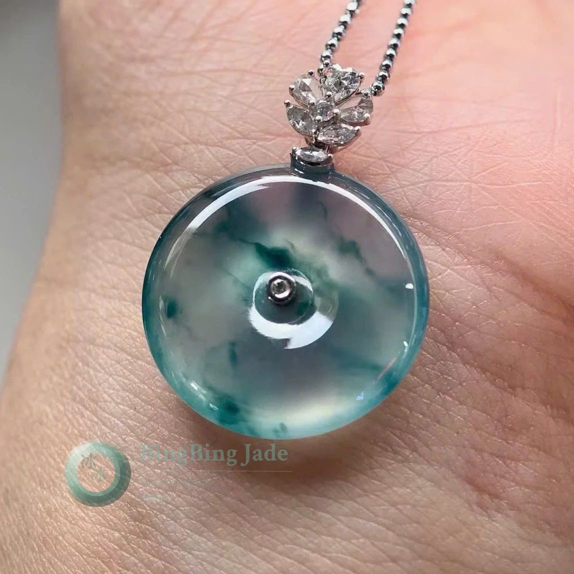 High Icy Blue-Green Floating Mist Jadeite Donut Pendant 21.7mm