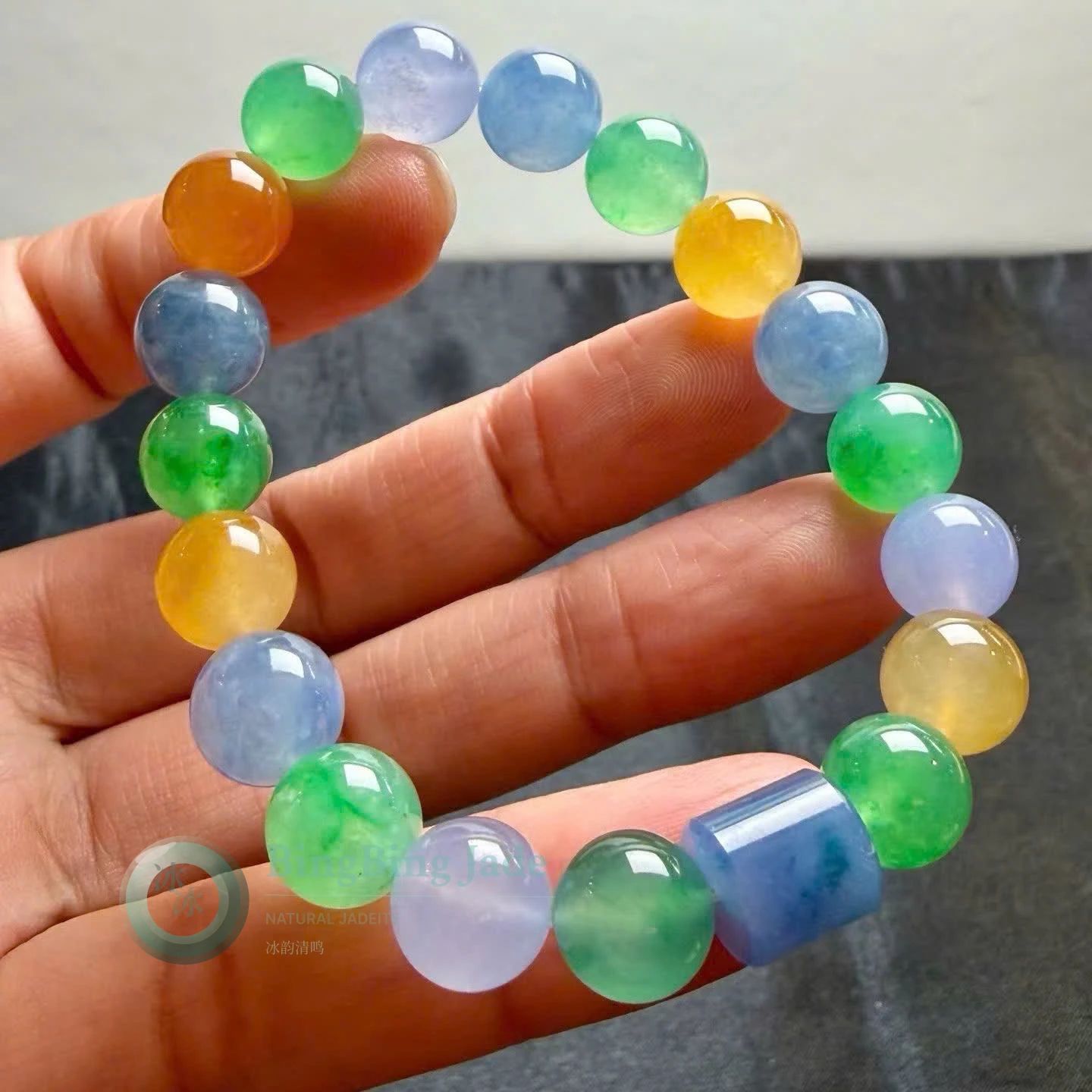 Rainbow Jellies Multi-Color Bead Bracelet 10mm — Lavender, Emerald, Honey & Sky Blue