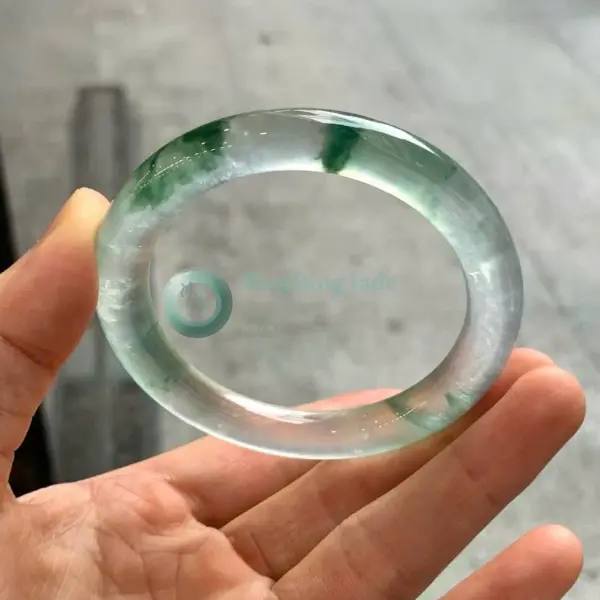 Glass-Transparent Icy Bangle with Floating Emerald Blooms 52.5mm