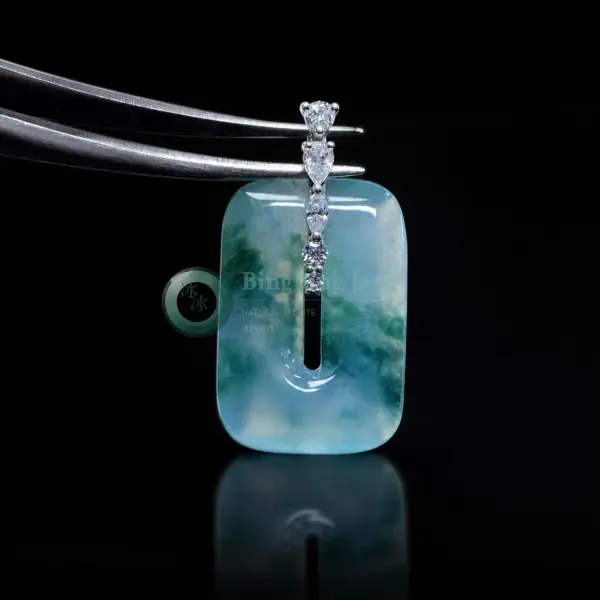 Icy Aqua Floating Moss Jadeite Pendant with 18K Gold Bail
