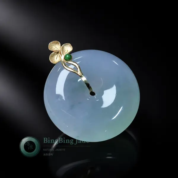 Icy Pale Celadon Ping An Kou Jade Pendant with 18K Gold Floral Bail