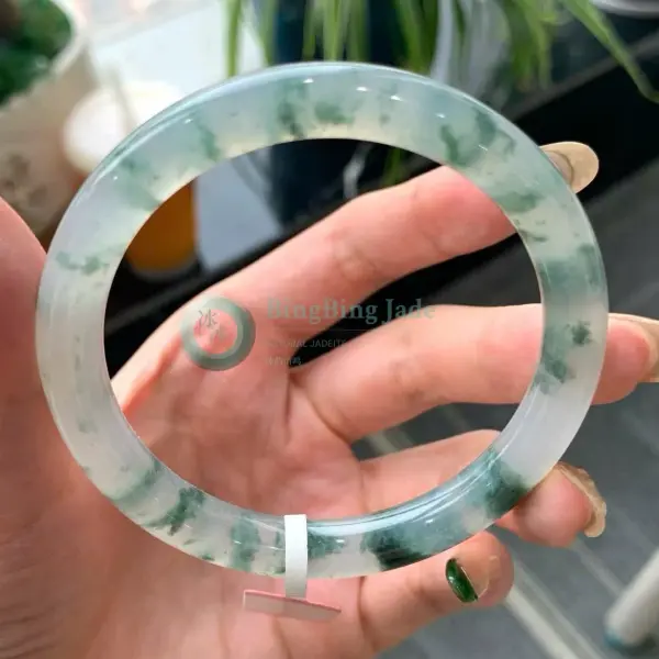 Icy Floating Moss Jadeite Bangle 55.8mm — Crystalline Waters with Emerald Blooms