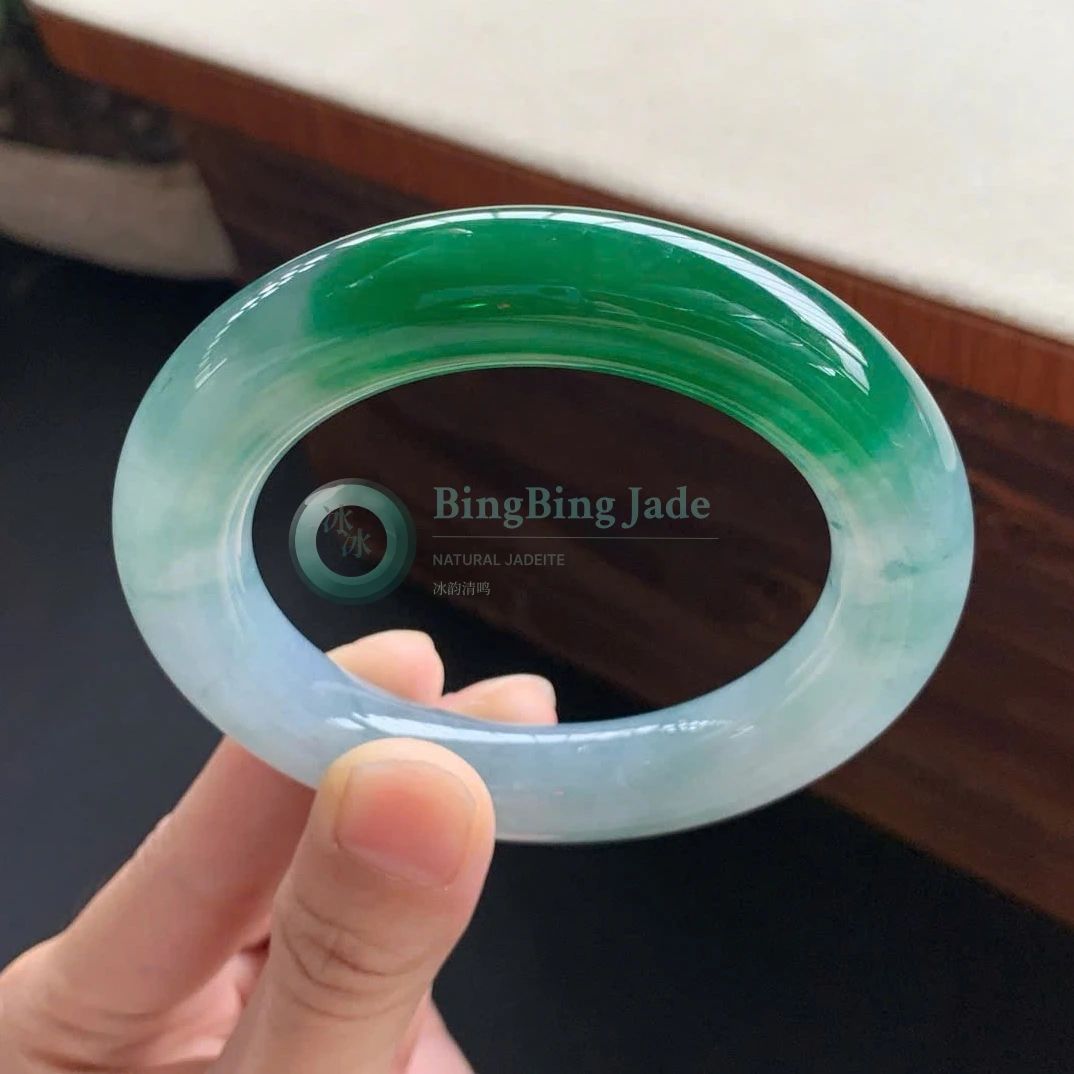 Icy Moonlight-to-Emerald Gradient Jadeite Bangle 56.6mm
