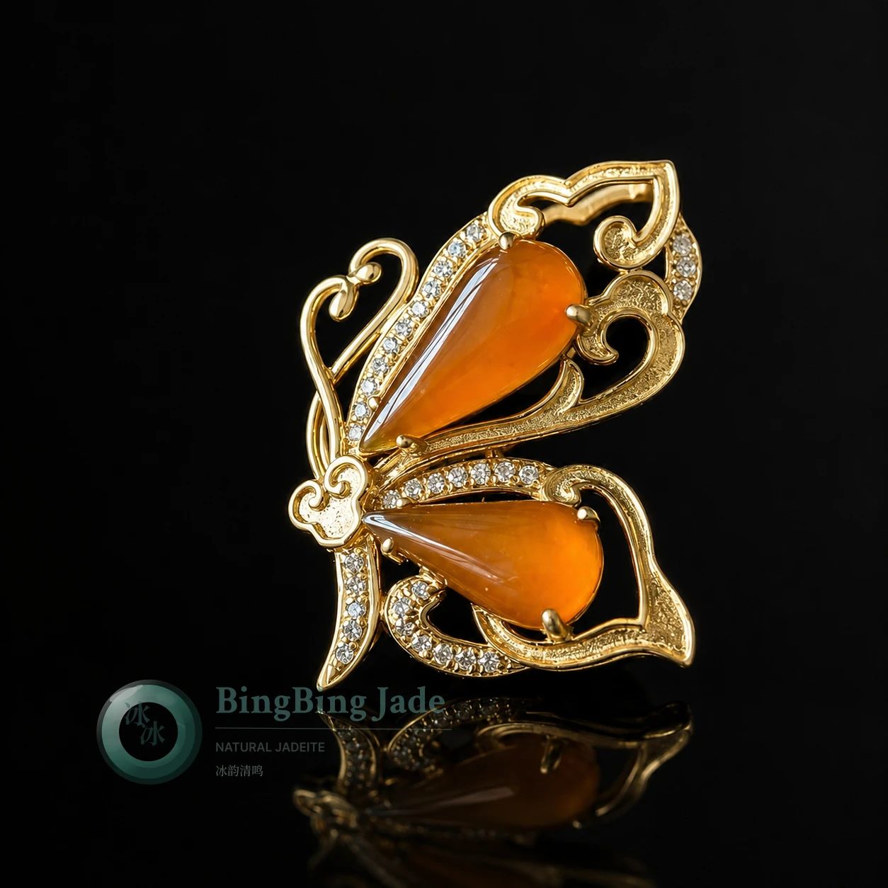 Icy Orange-Yellow Teardrop Jadeite Butterfly Pendant in 18K Gold