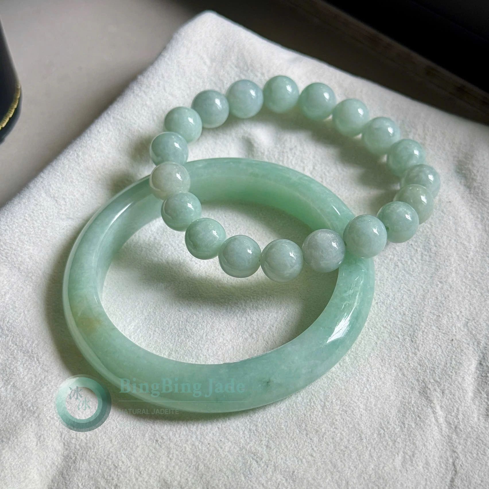 Soft Spring Green Jadeite Bangle 53.8mm with Matching Bead Bracelet