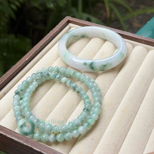 Floating Emerald Blooms on White Jade Bangle 56.5mm with Matching Beaded Wrap