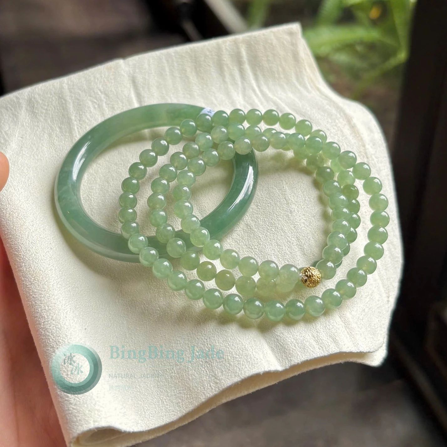 Oily Blue-Green Icy Glutinous Translucent Set of Bangle and Bracelet 53mm