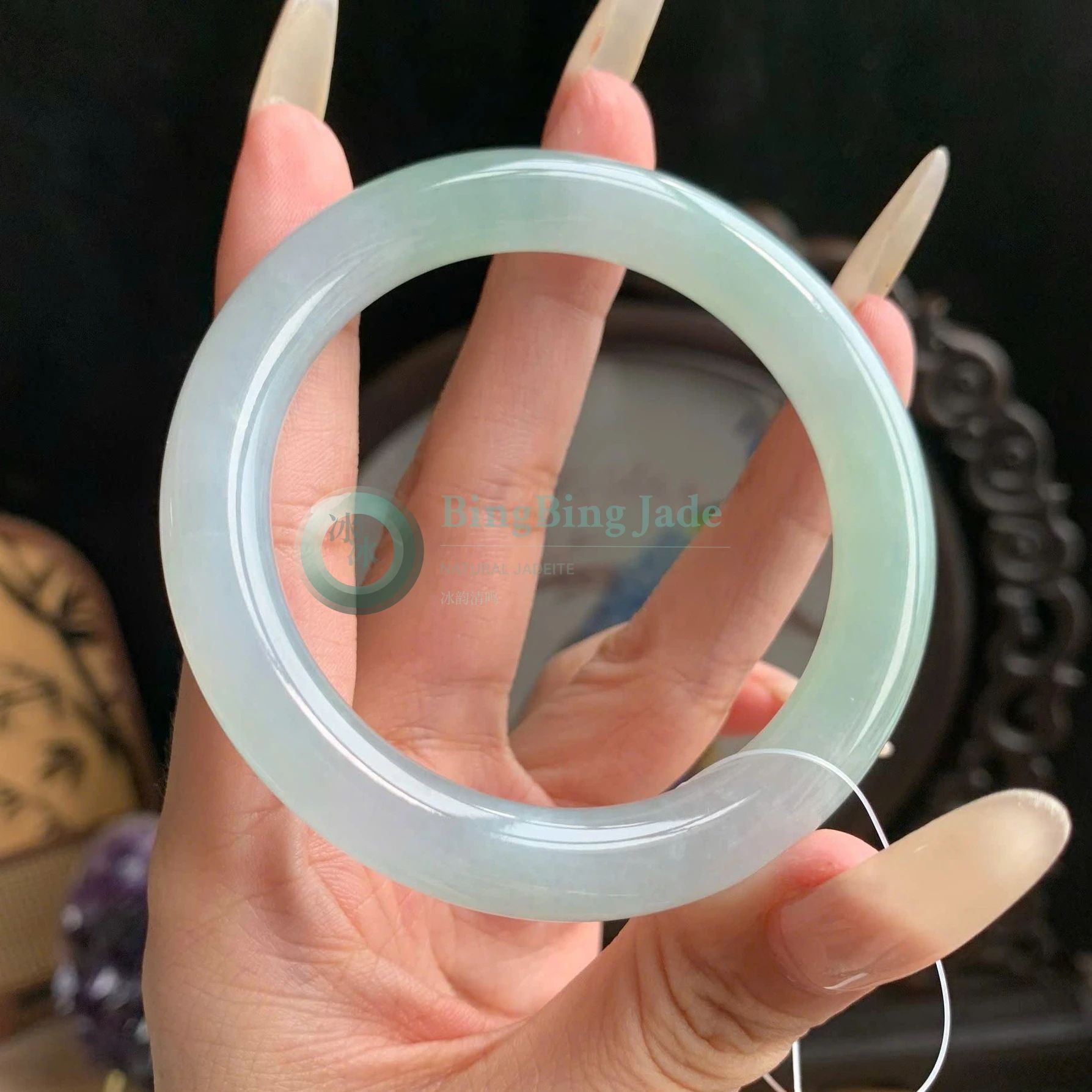 Icy Pale Celadon Jelly Bangle 52mm — Soft Aqua Glow