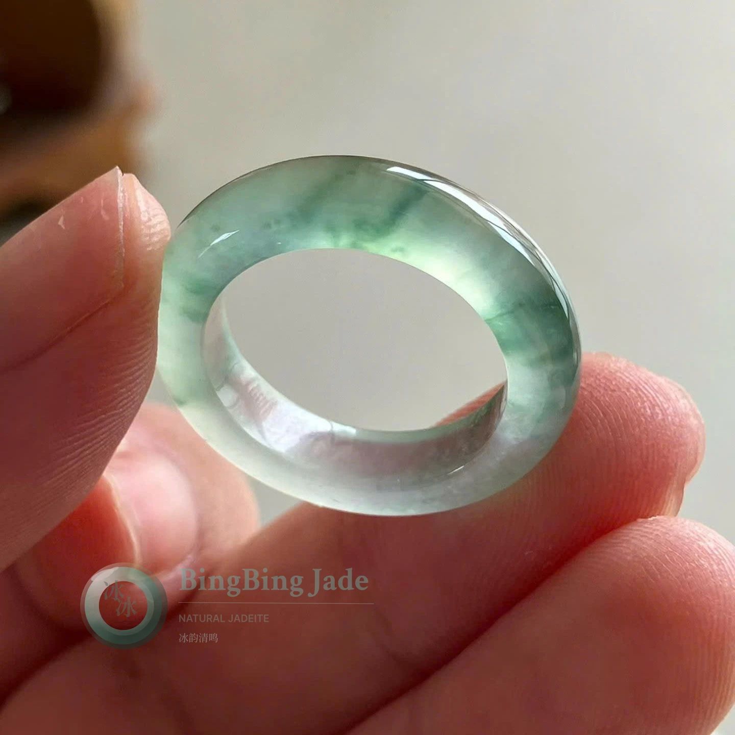Icy Celadon with Floating Emerald Veins — Jadeite Ring size 17.25mm