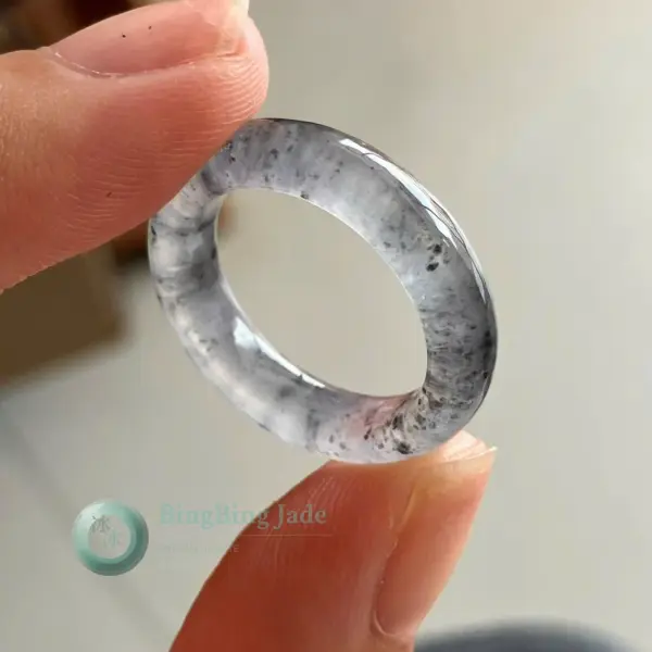 Misty Ink Wash Jadeite Ring — Icy Lavender with Dark Floating Blossoms Size 17.6mm
