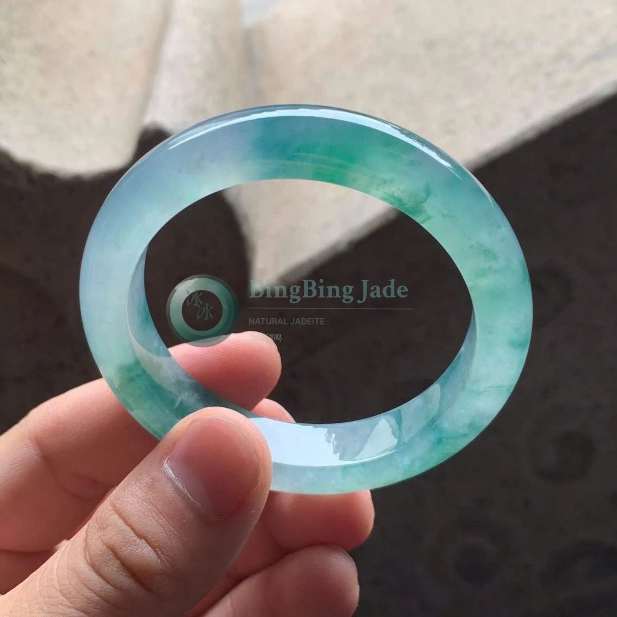 Icy Translucent Seafoam with Floating Green Clouds Bangle 53mm
