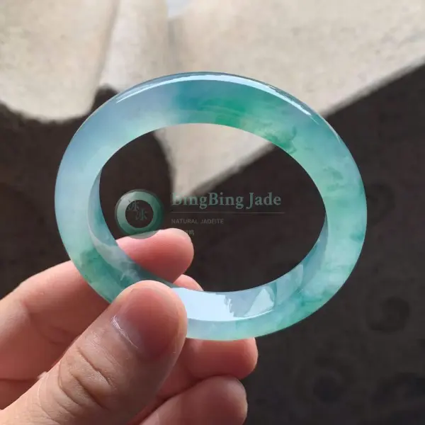 Icy Translucent Seafoam with Floating Green Clouds Bangle 53mm